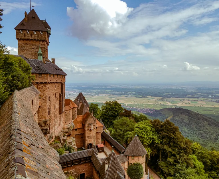 Haut Koenigsbourg castel on hilltop overlooking the valley and vineyards