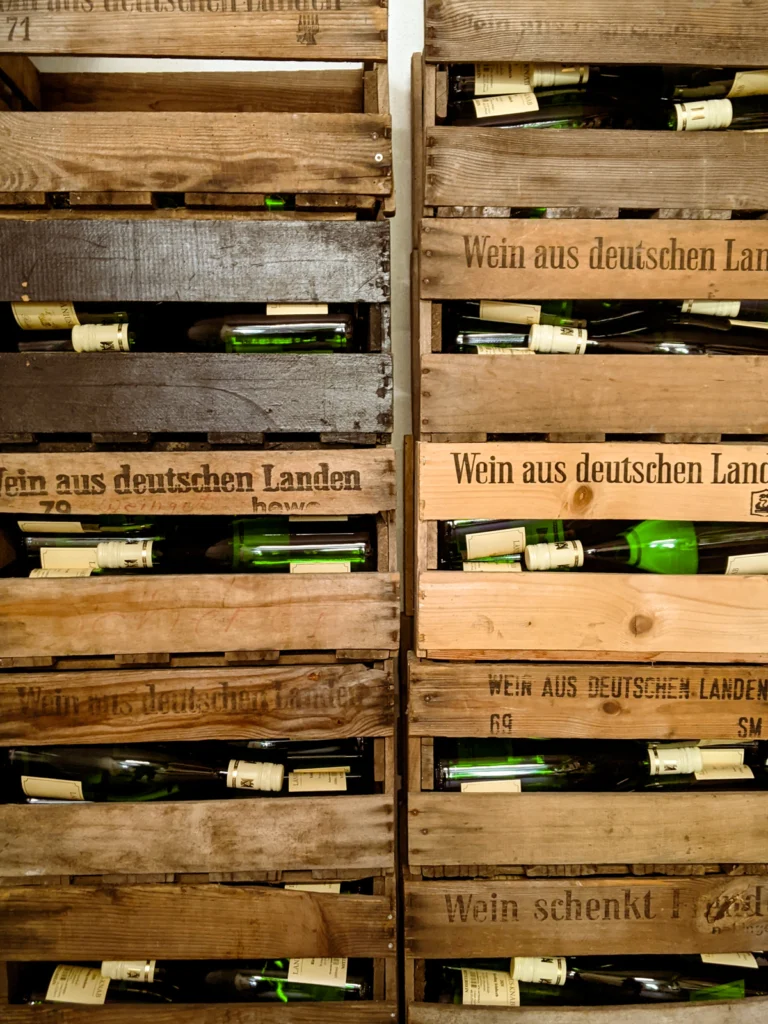 Stacked wooden crates of wine