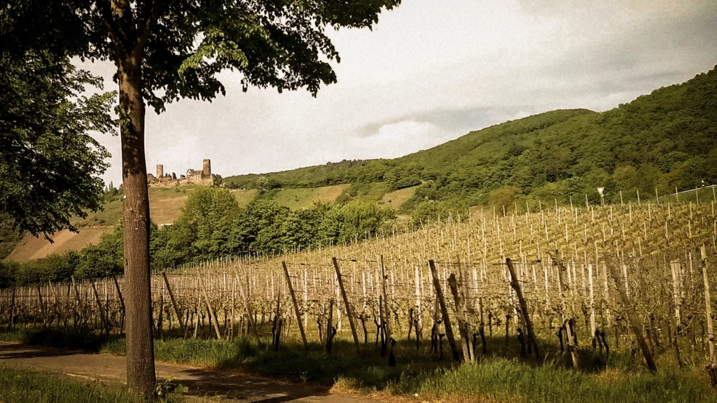 Vineyard in Germany and a castle on a hilltop